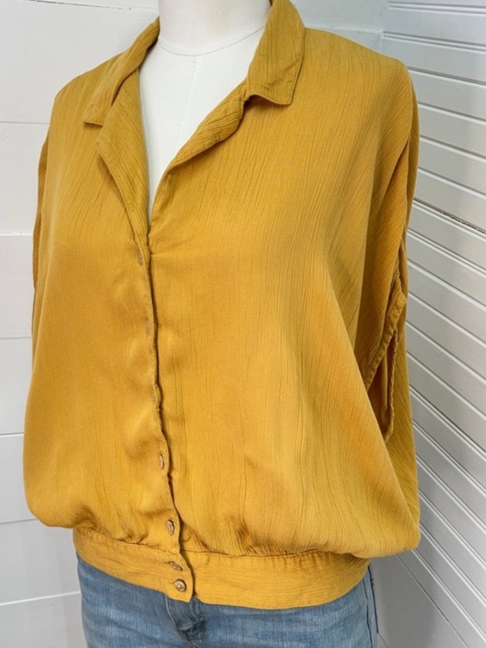 Prana Permilla Blouse Mustard Yellow Button Front Short Sleeve Top Size M - Picture 5 of 9
